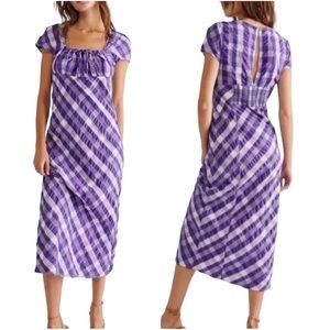 Purple Plaid Midi Dress - Feminine Smocked Back